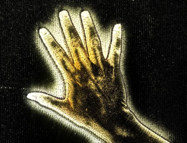 3d-Farklı semboller gösteren sarı kirlian aura ile parlayan bir insan kadın el İllüstrasyon
