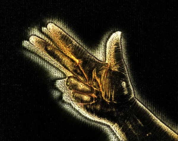 異なるシンボルを示す黄色のキリアンオーラを持つ輝く人間の女性の手の3D イラスト — ストック写真