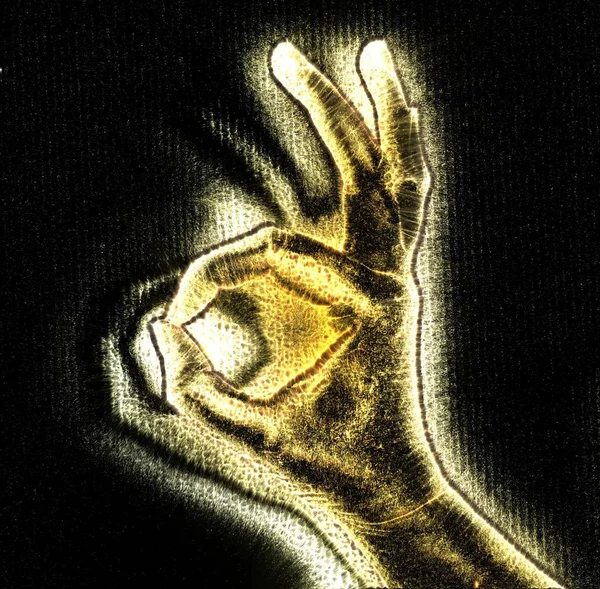 Ilustrace Svítící Ženské Ruky Žlutou Kirlian Auru Ukazující Různé Symboly — Stock fotografie