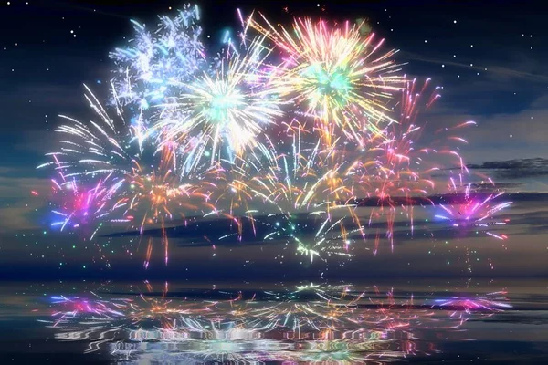 Hermosos Coloridos Fuegos Artificiales Frente Cielo Azul Noche —  Fotos de Stock