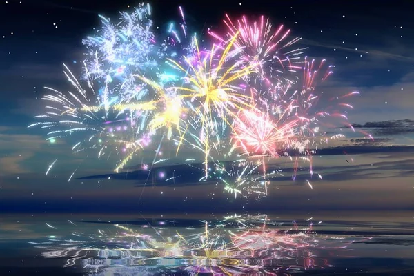 Schönes Und Buntes Feuerwerk Vor Blauem Abendhimmel — Stockfoto