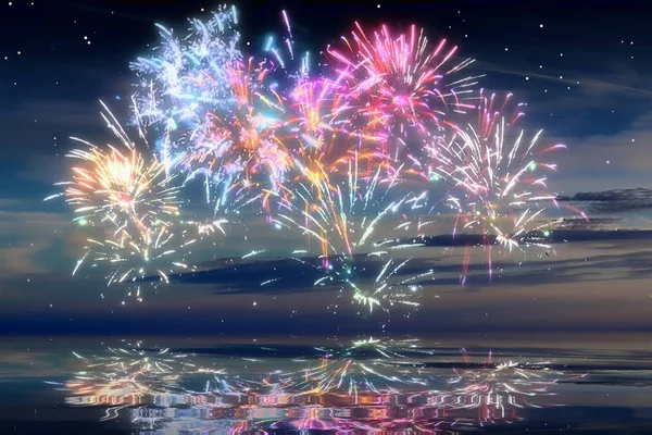 Schönes Und Buntes Feuerwerk Vor Blauem Abendhimmel — Stockfoto