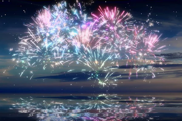 Schönes Und Buntes Feuerwerk Vor Blauem Abendhimmel — Stockfoto
