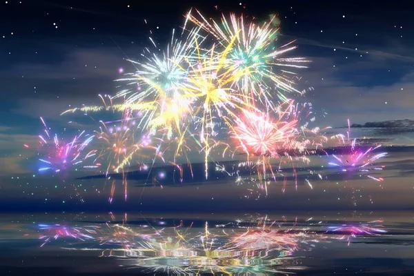 Schönes Und Buntes Feuerwerk Vor Blauem Abendhimmel — Stockfoto