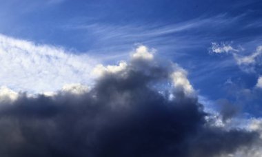 Mavi gökyüzündeki fırtınadan önce kara bulutların detaylı görüntüsü