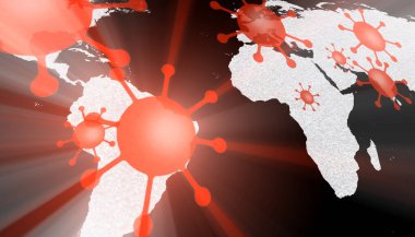 ABD ve Avrupa 'da Corona virüsünün covid-19 noktalarını gösteren bir dünya haritasının 3D çizimi.