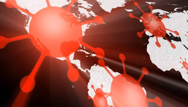 ABD ve Avrupa 'da Corona virüsünün covid-19 noktalarını gösteren bir dünya haritasının 3D çizimi.