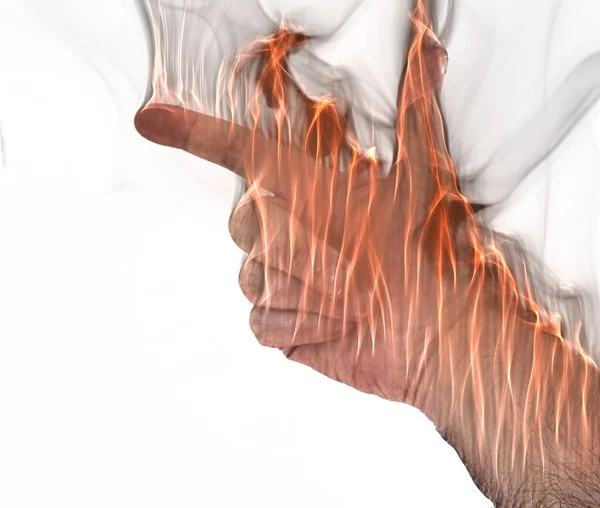 Human Hand Fire Burning Orange Flames Some Smoke Front White — Stock Photo, Image