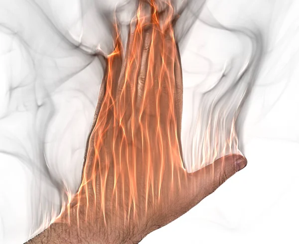 Human Hand Fire Burning Orange Flames Some Smoke Front White — Stock Photo, Image