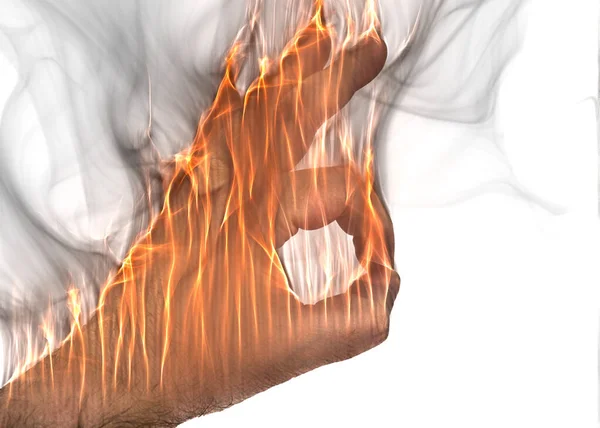 Human Hand Fire Burning Orange Flames Some Smoke Front White — Stock Photo, Image