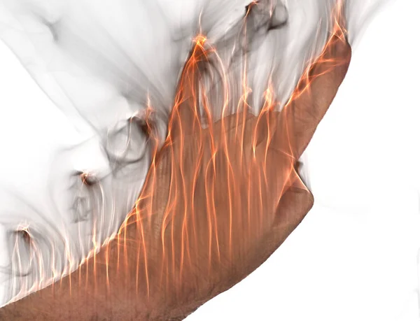 Een Menselijke Hand Brand Brandend Met Oranje Vlammen Wat Rook — Stockfoto