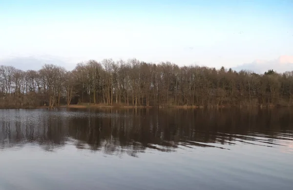 Krásná Krajina Pobřeží Jezera Reflexní Vodní Hladinou Trochu Trávy Rákosí — Stock fotografie