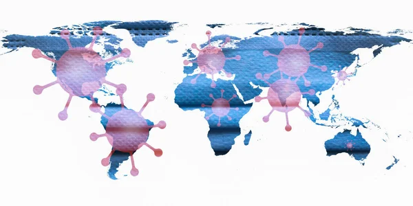 Illutration of a world map showing corona virus hotspots in the USA, Brazil, India, Europe and russia with a medical protection mask