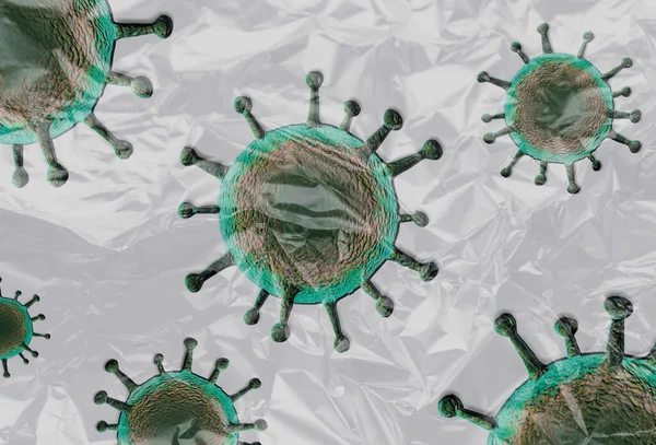 3D-Illustration of colorful isolated corona virus covered by plastic film on a white background.