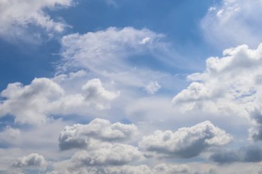 Güzel pofuduk beyaz bulut oluşumları Derin mavi bir yaz gökyüzünde