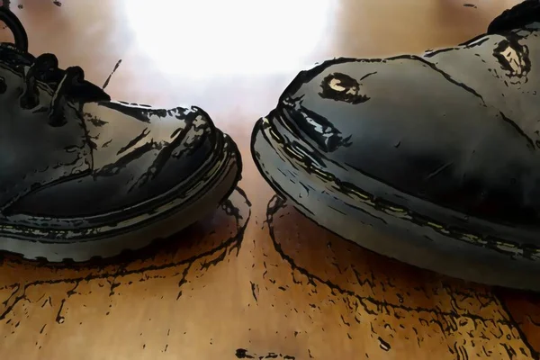 Comic Βαφή Μεγάλου Και Μικρού Μαύρου Δερμάτινου Παπουτσιού Ξύλινο Δάπεδο — Φωτογραφία Αρχείου