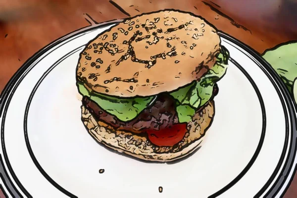 Malowanie Zdrowego Burgera Białym Talerzu — Zdjęcie stockowe