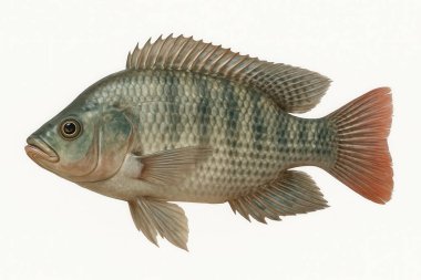 Nil tilapia balığının gerçekçi üç boyutlu canlandırması, ayrıntılı yüzgeçlerini ve desenli pullarını temiz beyaz bir arkaplanda sergiliyor.