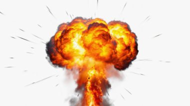 Güçlü bir patlama beyaz bir zemin üzerinde alev ve duman bulutu yaratıyor. Yıkımı, gücü veya kaosu tasvir etmek için mükemmel.