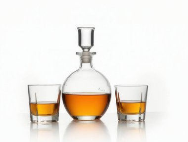 Zarif kristal sürahi ve viski ya da burbon gibi kehribar alkollü içecekler içeren iki bardak, temiz beyaz arka planda yansımalı.