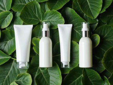 Yeşil yapraklardan oluşan bir yataktaki beyaz kozmetik kaplar ve tüpler doğal ve organik cilt ürünlerini temsil ediyor.