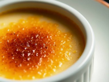 Karamelize edilmiş şeker kabuğu ve tahiti vanilyası içeren altın tozlu crme brülünün yakın çekimi 