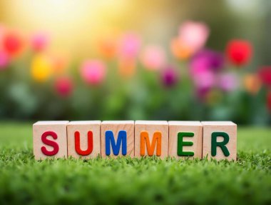 Tahta alfabe blokları yaz yazını renkli bir bokeh arka planıyla çimlerin üzerinde dinlenerek heceliyor.