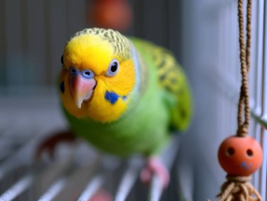 Yeşil ve sarı muhabbet kuşu beyaz bir kafeste çan oyuncağıyla oynuyor.