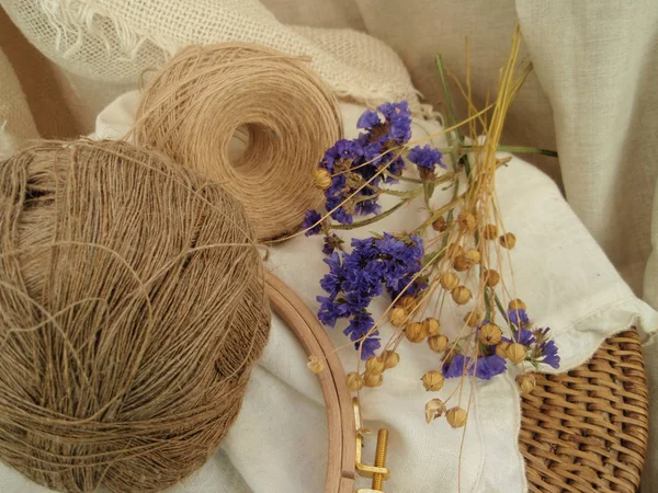 Basket with needlework. Flax, cotton, thread