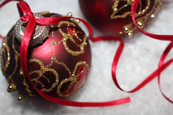 Gold Painted Red Christmas Balls Snow Royalty Free Stock Photos