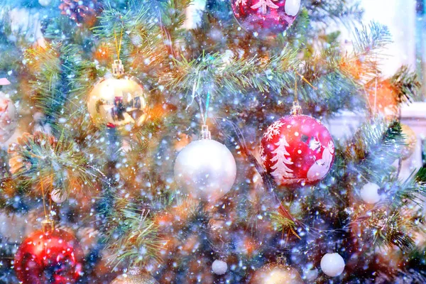 Toys Hang Branches Christmas Tree Snowing — Stock Photo, Image