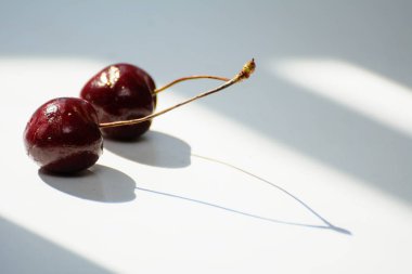 Beyaz bir arka plan ve gölge üzerinde Tatlı kiraz. Güneş ışığı. Konsept - meyve diyeti