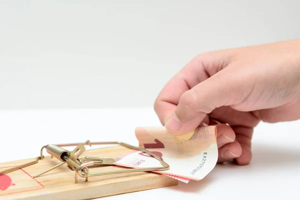 Trapped Mouse Trap Ten Euros Male Hand Reaching Out Take — Stock Photo, Image