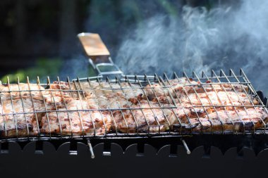 Izgara et için ızgarada. Mavi duman etrafında yükselir. Konsept bir şenlik ziyafeti. Doğada Piknik