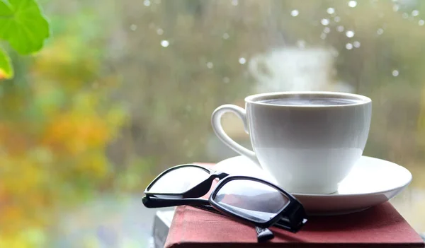 Book Window Cup Steaming Coffee Nearby Glasses Concept Morning Coffee — Stock Photo, Image