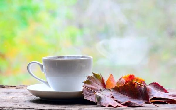 Cup Coffee Background Garden Nearby Yellow Red Fallen Leaves — Stock Photo, Image