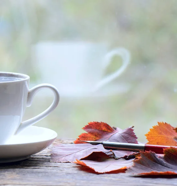 Cup Coffee Background Garden Nearby Yellow Red Fallen Leaves — Stock Photo, Image