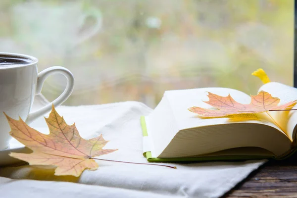 Sade kahve ve birkaç açık kitap. Akçaağaç yaprakları sayfada. Konsept - eğitim, kahve molası, sonbahar günü