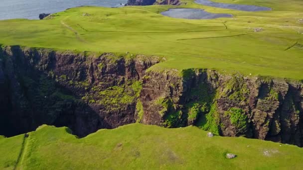 Aerial Skott Utanför Den Dramatiska Kusten Shetlandsöarna Skottland — Stockvideo