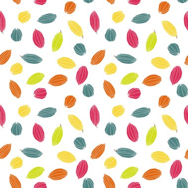 Renkli stilize kakao bakla şeker renkleri sorunsuz vektör desen arka planda. Büyük kumaş, ambalaj, kağıt, ileti örneği, ev dekorasyonu, duvar kağıdı ve daha fazlası için.