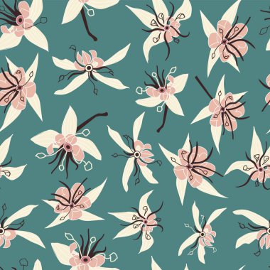 Egzotik kakao ağacı çiçek sorunsuz vektör desen arka plan. Büyük kumaş, ambalaj, ev dekorasyonu, duvar kağıdı ve daha fazlası için.