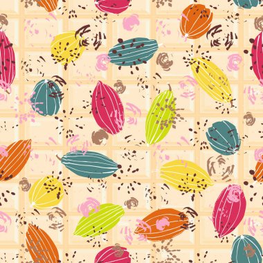 Renkli stilize kakao bakla şeker renkleri beyaz çikolata tablet. Sorunsuz vektör desen arka plan. Büyük kumaş, ambalaj, ev dekorasyonu, duvar kağıdı ve daha fazlası için.