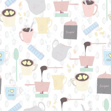 Desen arka plan vektör sıcak çikolata ve sıcak kakao malzemeler ve kakao bakla sorunsuz bir reçete. Mutfak eşyaları, ev dekorasyonu, duvar kağıdı, ambalaj kağıdı ve daha fazlası için idealdir.