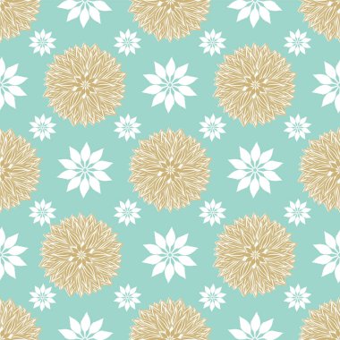 Mavi, altın ve beyaz geometrik çiçek mandalalar sorunsuz vektör yineleme deseni zarif festival İskandinav tarzı. Büyük ev dekorasyonu, duvar kağıdı, kumaş, hediye paketi, Kırtasiye, ambalaj için.