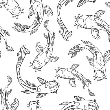 Siyah ve beyaz çizgi resimleri Japon Koi balık yüzme. Sorunsuz vektör desen arka plan. Büyük kumaş, ev dekorasyonu, ileti örneği, moda aksesuarları için