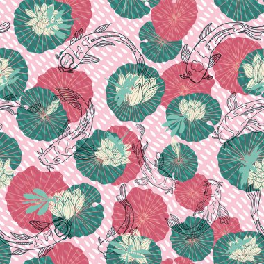 Lineart Koi balık ya da Japon carps lotus yastıkları modern, renkli grafik tarzı arasında yüzme sorunsuz vektör desen el ile çizilmiş. Büyük kumaş, ev dekorasyonu, ileti örneği, moda aksesuarları için.