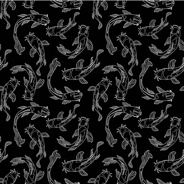 White on black line art swimming Japanese Koi fish. Seamless vector pattern background. Great for fabric, home decor, stationery, fashion accessories.