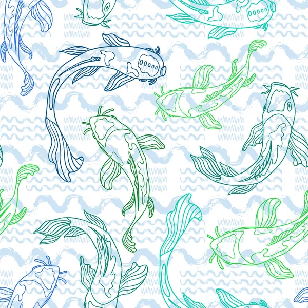 Blå Och Grön Linje Konst Koi Fisk Silhuetter Med Handritad — Stock vektor