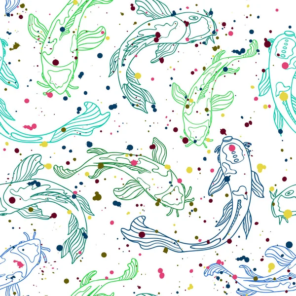 Blå Och Grön Linje Konst Koi Fisk Silhuetter Täckt Med — Stock vektor