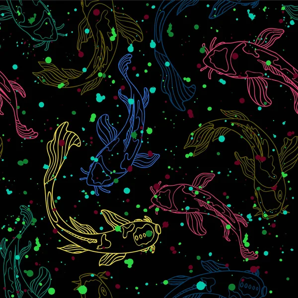 Multicolor Line Art Koi Fish Silhouettes Covered Splatter Texture Negative — Stock Vector
